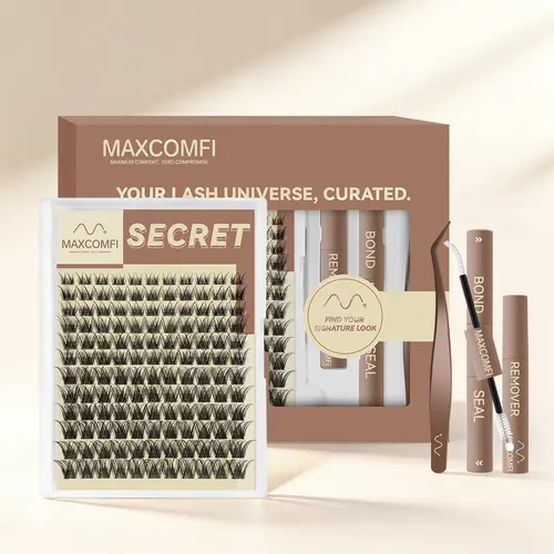 MaxComfi Secret Cosmetic Lash Cluster Kit - Waterproof, Long-Lasting Natural 0.05mm Thin Band Lashes, Beginner-Friendly DIY Application, Bundle with Adhesives for Beginners' Everyday Wear