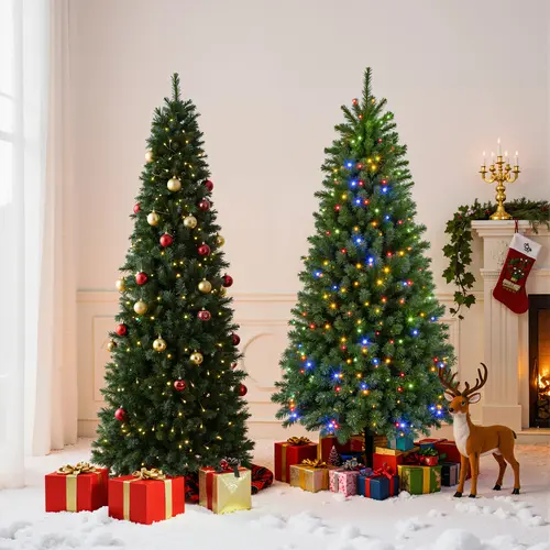 Sweetcrispy Pencil Shape Pre-Lit Christmas Tree, Slim Christmas Tree with 120 to 500 Warm White LED Lights,  8 Light Modes, Hinged Design, Full Branches Support Decor, Heavy Metal Foldable Stand Stays Put, Home Bedroom Holiday Decor Supplies