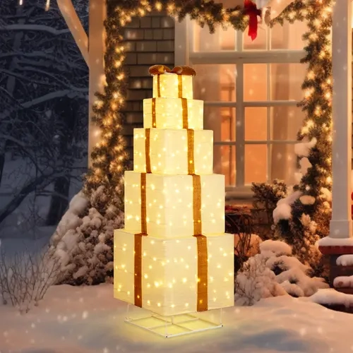 Karlhome 6-foot (70.9 in) Lighted Gift Box Tower - Pre-lit Pop-Up Present Boxes with 200 Warm White LED Outdoor Decorative Lights, Metal Frame, Rope Stakes, for Christmas Home Decor, Party Supplies