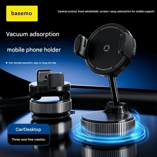 Basemo Vacuum Suction Car Phone Mount, 360° Rotating Dashboard & Desktop Phone Holder, Strong Suction, One-Hand Operation, Adjustable Stand for iPhone & Android