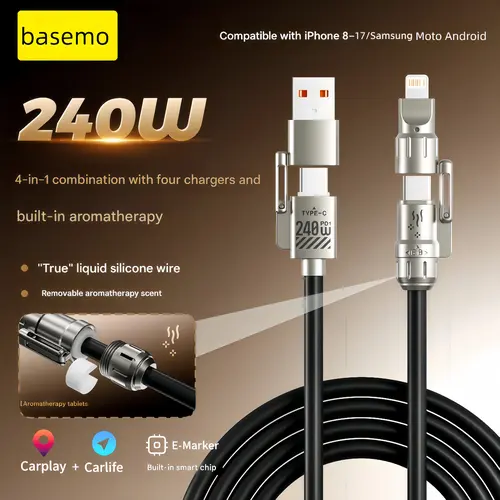 Basemo 240W 4-in-1 Fast Charging Cable with Fragrance Function – Multifunctional Type-C & Lightning Cable; Compatible with iPhone 8–17, Samsung, and Android Devices (Supports CarPlay)