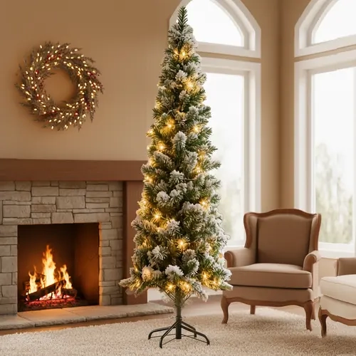 Sweetcrispy Green Pre-lit PVC Pencil Christmas Tree Set - Artificial Spruce with Incandescent Lights, Branch Tips, Foldable Metal Base, Ornaments for Holiday Home/Office Party Christmas Decorations