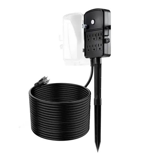 VEVOR Outdoor Multi-Outlet Power Strip with Stake + Cord, 50 FT Extension Cable, 6-Outlet Weatherproof Cover, 15A Capacity Plug, Auto Shutoff for Circuit Protection, PC Housing for Mount/Stake-Down Install (Damp Yards Compatible)