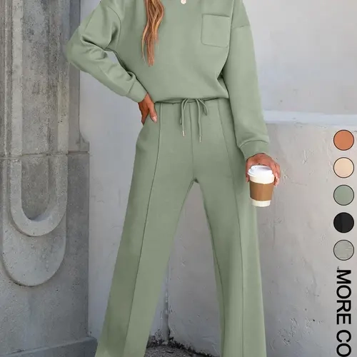 2 Piece Women's Casual Long Sleeve Pocket Sportswear Set, Sweatsuit With Pockets Matching Set, Stylish Wide Leg Athletic for All Seasons, Comfortable Fitted Fashion, Sweatsuit Set Outfit, Casual Sports Outfits