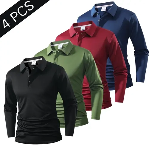 Men's Long-Sleeve Fitted Plain Polo Shirt - Polyester, Breathable, Quick-Dry Polo Style Athleisure Top for Office, Gym, All Seasons