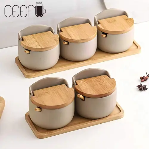 Antique Ceramic Canister Set - Flip-Top Type Lids, Included Spoons Utensils, Bowl-Ready Tea Spice Salt Sugar Container, Lightweight Organizable Kitchen Decor Home Organizer, Housewarming Gift