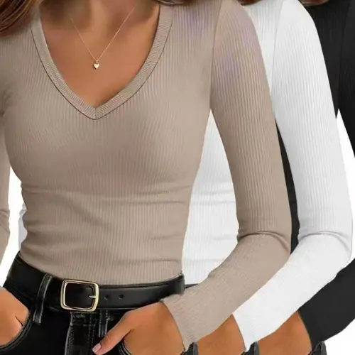 Women's Plain Minimalist Long Sleeve T-Shirt, V Neck Fitted Top, Ideal for Fall Winter Layering, Daily Wear Comfortable Clothing