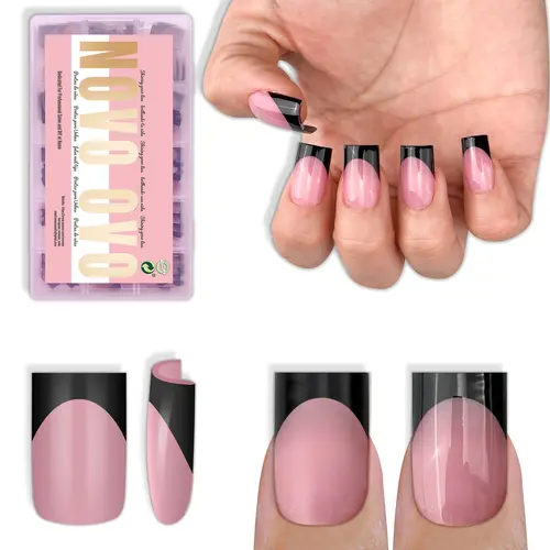 NOVO OVO Chic Press on Nails Acrylic - Short Sharp Square Black French Tip & Berry Pink, Extra Thick Soft Gel Full Cover Fake Nails Supplies, 15 Sizes 240 Pcs, Box Included【NO GLUE, TOP COAT OR LAMP INCLUDED】