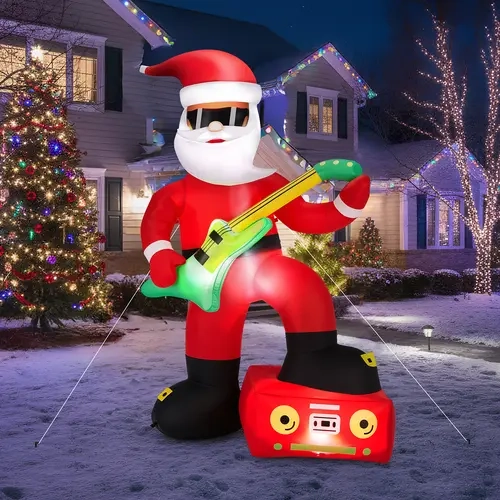 7.5FT Waterproof Lighted Plastic Funny Black Santa Christmas Inflatable with Electric Guitar - Home Decoration, Party Decoration Supplies, Photo Backdrop, 1 Adapter, Built-in Fan, 6 Ground Stakes, LED Mood Light, 140x85x225cm Outdoor Front Yard Decor