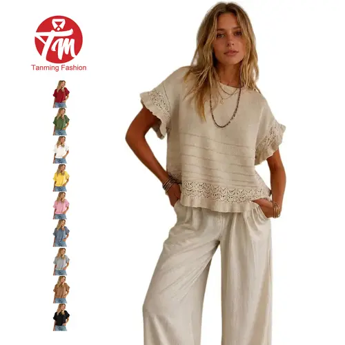 Tanming Women's Short Sleeve Sweater Round Neck Ruffled Hem Knit Crochet Pullover Summer Fall Casual Top Blouse