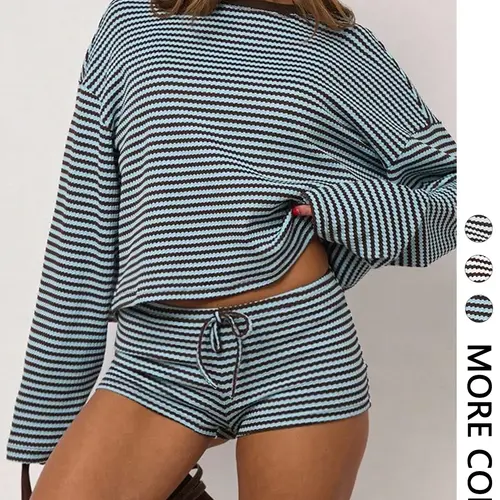 Women's Casual Striped Long Sleeve Top & Shorts Set, Comfortable and Stylish Two-Piece Set, Perfect for Daily Wear, Casual Fashion Set, Stretchy Outfit, Striped Lounge Set, Clothes, Shorts Sets Outfits