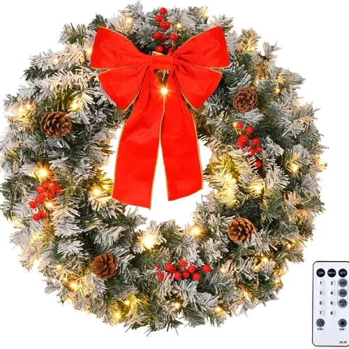 VINGLI 36-Inch Round Prelit Plug-In PVC Branch Artificial Christmas Wreath - Festive Atmosphere Decor with Timer LED Lights, Garland, European Contemporary Style, Storage Box for Front Door Wreath Decorations, Christmas Entryway Decor