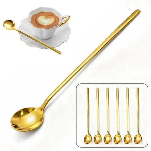 【AREL】6-Piece Classic 6 Inch Thick Gold 18/10 Rust-Resist Stainless Steel Cutlery Set - Extra-Long Handle Tableware Coffee & Tea Spoons, Dishwasher Safe, Ideal for Stirring Coffee, Desserts