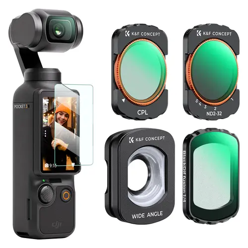 K&F CONCEPT 4-Pack Magnetic Lens Filter Kit for DJI Osmo Pocket 3, Wide-Angle CPL ND2-32 Black Diffusion 1/4 Filters, HD AGC Optical Glass, Multi-Coated, Hydrophobic Coating Camera Accessories