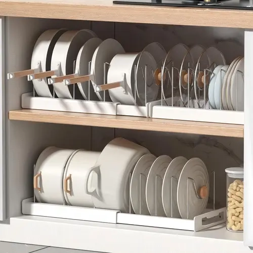 Steel&Plastic Geometric White 1-Layer Adjustable Cabinet Rack - Metal Stainless Steel Kitchen Organizer with 7 Dividers, Space-Saving for Cutting Boards, Organizing Bakeware, Countertops