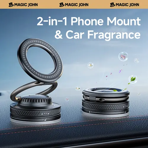 MAGIC JOHN Scented Car Mount - 2-in-1 Magnetic Multi-Angle Phone Holder & Mount, Strong Hold, Quick Easy Setup, 360° Rotation Auto Accessory for Windshield, Dashboard Smooth Surfaces, Car Interior Accessory