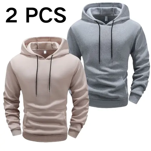 Men's Beige Jersey Spandex Hooded Sweatshirt - Plain, Simple Fashion, Long Sleeve, Loose Fit, Casual Sports Pullover, Sporty Chic, Versatile Menswear Top