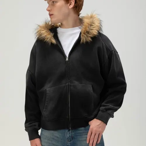 RSQ Mens Faux Fur Trim Oversized Zip-Up Hoodie