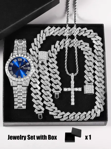 Luxury Punk Trendy Watch Set with Necklace Bracelet Cross Pendant, Analog Quartz Movement, Adjustable Strap, Unisex Gift Box for All Seasons, Fashionable Jewelry Set