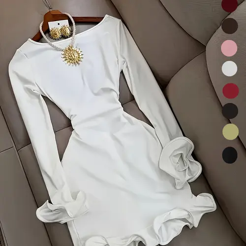 Elegant Aesthetic Chic Women's Tight-Fitting Fitted Long Sleeve Dress with Pleated Sleeves, Backless Bow Tie Design, Plain Style, All Seasons Wear, Frenchy Style Dress, Single Piece Womenswear
