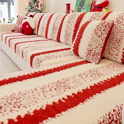 Classic Christmas Theme Fleece Sofa Cover, Warm Soft Dustproof Pet Friendly Washable Couch Cover, Fits Two Three Four Seater Sofas, Winter Holiday Gift