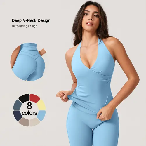 TimeOFF Women's 2-Piece Matching Workout Set (2 piece set) - Deep V-Neck Sleeveless Open-Back Shirt, Stretchy Fabric for Flattering Fit - Casual Sports Clothing for Yoga, Casual Outings - Activewear Sport Lover Lifestyle, Two Piece Set