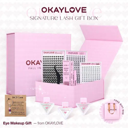 OKAYLOVE DIY Eyelash Extensions Kit - C Curl Wispy Fluffy 3D Volume Anime Lash Clusters Set with Lira/Bunny/Bottom Lashes, DIY Tools, Crystal Accessories, 3 Glitter Adhesives & Signature Valentine's Day Gift Card, Wispy Lash Clusters