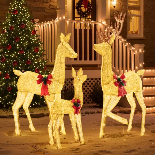 Sweetcrispy 4 FT Pre-Lit Christmas Reindeer & Santa Sleigh Set, Festive Fabric Outdoor Indoor Yard Decoration with 180 LED Lights, Outdoor Christmas Garden Display, White-Red