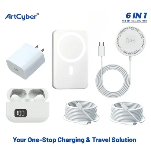 6-in-1 Charging & Audio Accessory Kit – 5000mAh Magnetic Alignment Power Bank, Wireless Charging Pad, Bluetooth Earbuds, USB-C & USB-C to Lightning Cables, Adapter, Ring Sticker – For iPhone & Android