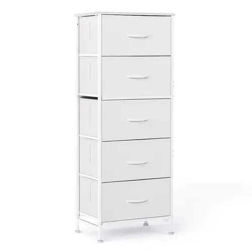 Sweetcrispy Modern 5-Drawer Chest - Drawer Organizer Cabinet, Sturdy Steel Frame, Durable Artificial Wood Top, Fabric Bins, Freestanding/Stackable Storage, Space-Saving Indoor Furniture, Easy Assembly Required