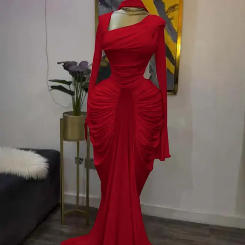 PULKRITU Women's Asymmetrical Neckline Flared Long Sleeve Ruffled Stacked Dress, Autumn Birthday Party Elegant Evening Gown with Scarf Bodycon Midi Ruched Side Maxi Dress, Fashion Streetwear Clothing, Floor Length Dress, Womenswear