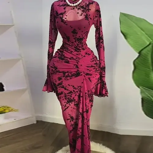 PULKRITU Women's Long Sleeve Ruched Mesh Transparent Long Dress with Tank Lining, Slim Fit Party Gown for Autumn Evening, Birthday and Parties, Flocking Floral Bodycon Dress, Fashion Dress