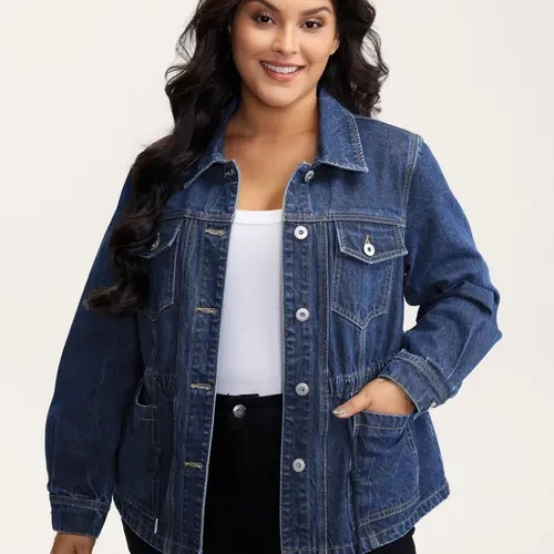 BloomChic Women's Collared Casual Fitted Denim Jacket - Button-Front Cotton Blend Fabric, Belted Drawstring Waist, Pockets, Low Iron, Hand Wash Only, Do Not Dry Clean, Basic Layering Top, SohoChic