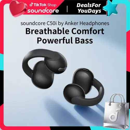 soundcore C50i by Anker, Open-Ear Headphones, Clip-On Earbuds, Ultra-Comfort, FlexiClip Design, 12mm Drivers for Powerful Bass, 28H Playtime, Secure Fit, Hi-Res, IP55, Bluetooth 6.0