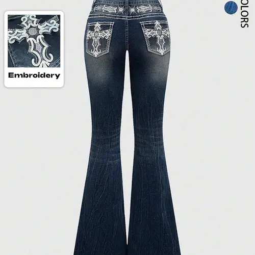 Grunge Punk Y2K Retro Streetwear Pocket Cross Wings Embroidered Flare Leg Fitted Stretch Denim Jeans for Women Cross Embroidery Jeans