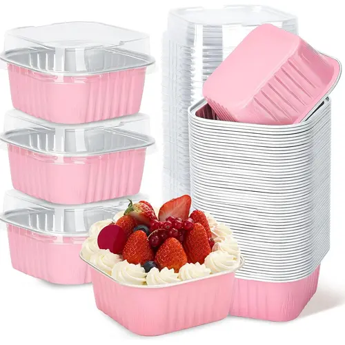 30-Pack 5oz Pink Mini Cake Aluminum Foil Bakeware Pans with Plastic Lids, Disposable Individual Dessert Containers, Baking Accessories & Household Items for Sales Parties, Picnics