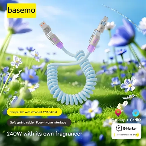 Basemo 240W 4-in-1 retractable coiled charging cable (2M)—a high-speed travel cable featuring RGB lighting and an integrated fragrance function; a portable charging solution compatible with iPhones, Samsung devices, and USB-C ports.