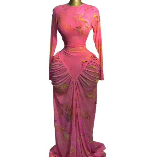 PULKRITU Women's Tie-Dye Print Layered Ruffle Long Sleeve Midi Dress, Slim Fit Fashion Party Dress, Casual Dress, Ruched Midi Dresses, Mesh See Through Long Dresses, Formal, Bodycon Party Dress, Date Night Dress