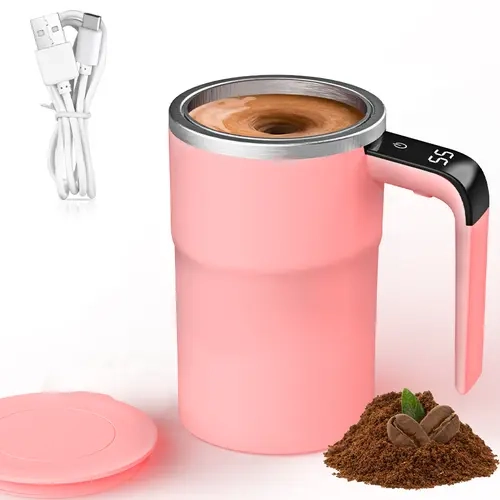 304 Stainless Steel Reusable Auto Magnetic Stirring Cup - ABS Tumbler-Shape Rechargeable Mug with 60 Times Magnetic Charging, Built-in LCD Thermometer, Splash-Free Mixing, Anti-Scalding, Washable Portable Kitchenware Drinkware, Home Gift for Anniversary
