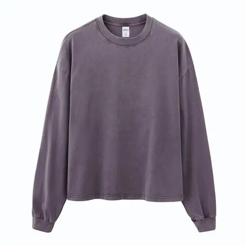 Inflation Menswear Vintage 100% Cotton 270g Oversized Cropped Boxy Fit Washed Crew Neck Long Sleeve T-Shirt - Beige Plain XL, Autumn Casual Male Clothing Long Sleeve Tops