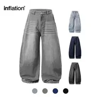 Inflation Men's Washed Baggy Cargo Jeans - Loose Wide-Leg Curved Blade Denim Pants, Pull-On Lightweight Beige Plain Pocket Menswear, Casual Fashion Clothes for Spring-Summer Workwear,