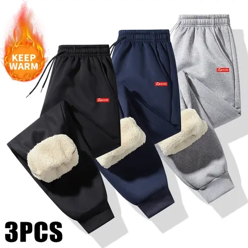 Men's 3-Pack Thermal Insulated Workout Joggers - Elastic Drawstring Waist, Zip-Free Access, Light-Friendly Lining, Multi-Color, Durable Non-Stretch Fabric, Fitted Cut, Letter Pattern, Casual Athletic Basics for Gym/Hiking, Workout Jogger
