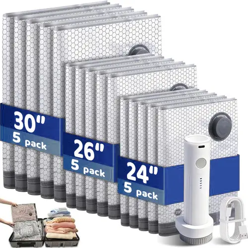 Cordless Vacuum Compression Bag Set, 15 Pack 3 Sizes Travel Vacuum Storage Bags with USB Rechargeable Wireless Pump, 140L/Min Fast Air Removal, Waterproof Reusable Space Saver Zipper Bags for Clothes, Luggage, Suitcases & Carry-On Packing.techvibes