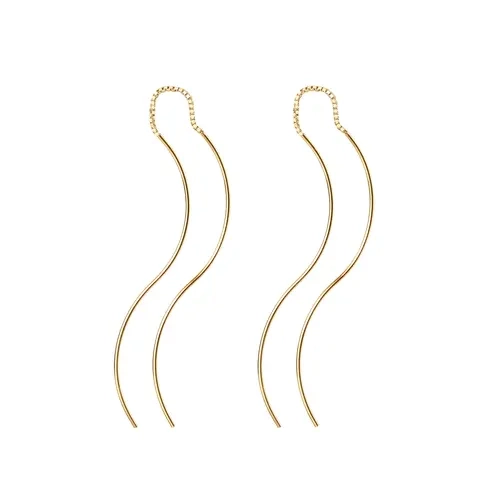 PAVOI 14K Gold Plated 925 Sterling Silver Post Threader Earrings for Women - Minimalist Gold Chain Earrings Double Piercings - Dangle Twist Wavy