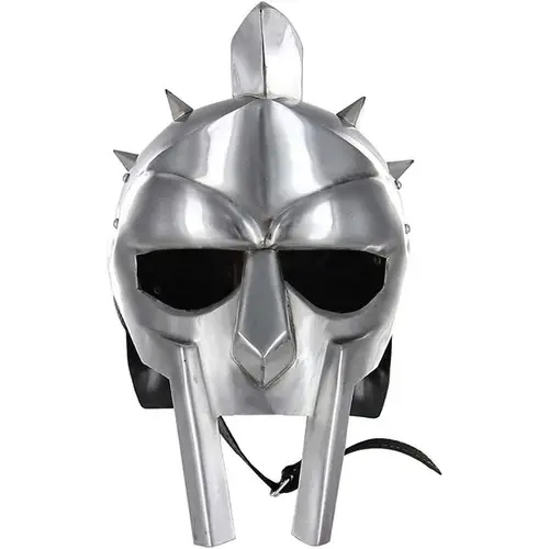 Men's Authentic Medieval Warrior Roman Gladiator Arena Helmet - 18 Gauge Carbon Steel, 13"x9"x16", 14+ Adults, Wearable and Adjustable Straps, Realistic Mask, Wooden Stand Included, Greek Armor for Authentic Historical Reenactments, Party Props
