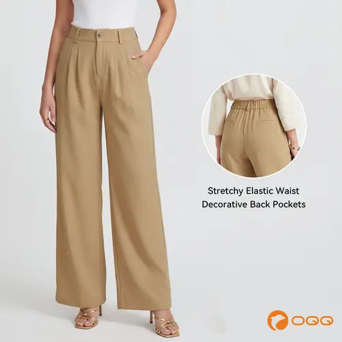 OQQ Women's Trousers High Waisted Wide Leg Pants Long Straight Suit Pants With Pocket