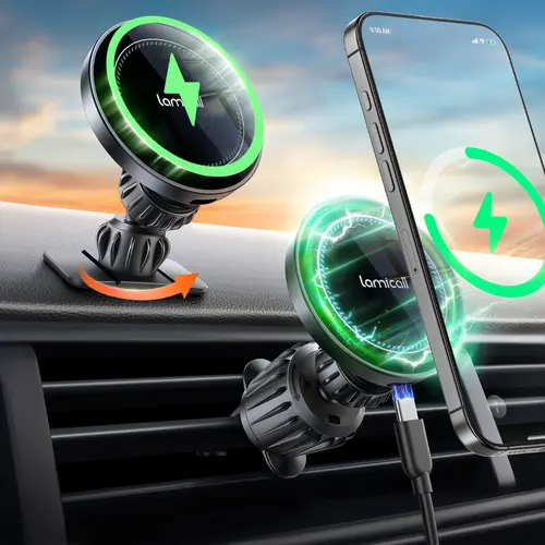 Lamicall Magnetic Wireless Charging Car Phone Mount - 360° Adjustable, Foldable, Powerful Suction Hold, Stable Noiseless Vehicle Accessory, High-Efficiency Charger with Dashboard Adhesive for iPhone 15 Pro Max & Android, Auto Accessories Tools and Gadgets