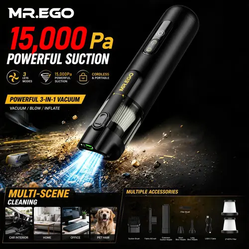 MR.EGO Cordless Portable Car Vacuum Cleaner - 15000Pa Powerful Suction, 4-in-1 Mini Vac, Green LED Light, Type-C Charging, 2 Suction Modes, Ultra-Light for Home, Auto Accessories, Car Detailing, Tools and Gadgets (Black)#SummerWins #DealsForYouDays, Car A
