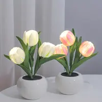 LED Dimmable Plastic Tulip Artificial Flower Desk Lamp with Vase - Unisex Indoor Mood Lighting, Home Living Room Decor, Birthday Party Centerpieces