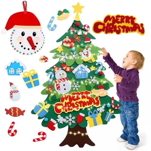 3.2ft Soft Felt Art Deco Tree Shape DIY Christmas Tree Set for Toddlers - Lightweight Wall-Hanging Craft Kit with LED Mood Light, 38/45 Detachable Ornaments, Customizable Folded Pack, Fine Motor Skill Development Xmas Gift for Storytelling